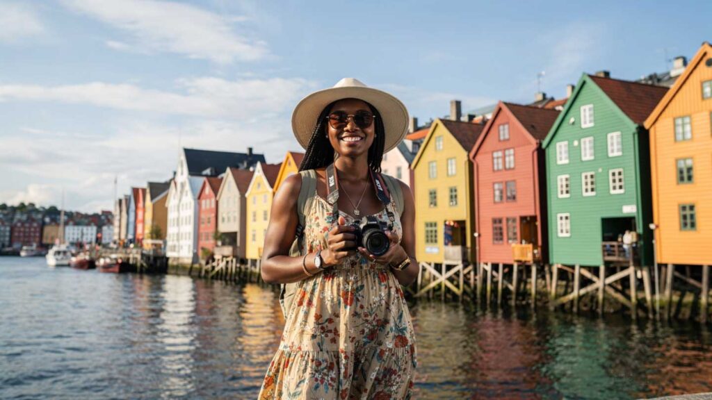 How to Apply for Norway Tourist, Visit & Business Visa from Nigeria 2026: Requirements, Fees, Timeline Nigerian woman tourist smiling at Bryggen Wharf in Bergen after getting Norway tourist visit business visa from Nigeria