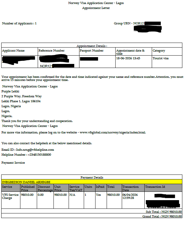 How to Apply for Norway Tourist, Visit & Business Visa from Nigeria 2026: Requirements, Fees, Timeline Sample of appointment booking confirmation for Norway tourist, visit, or business visa application in Nigeria